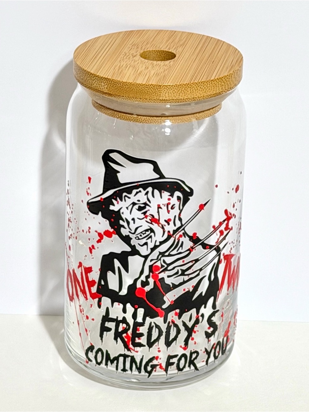 Freddy Krueger Coming For You Horror 16oz Libby Can Glass Tumbler w/Bamboo Lid